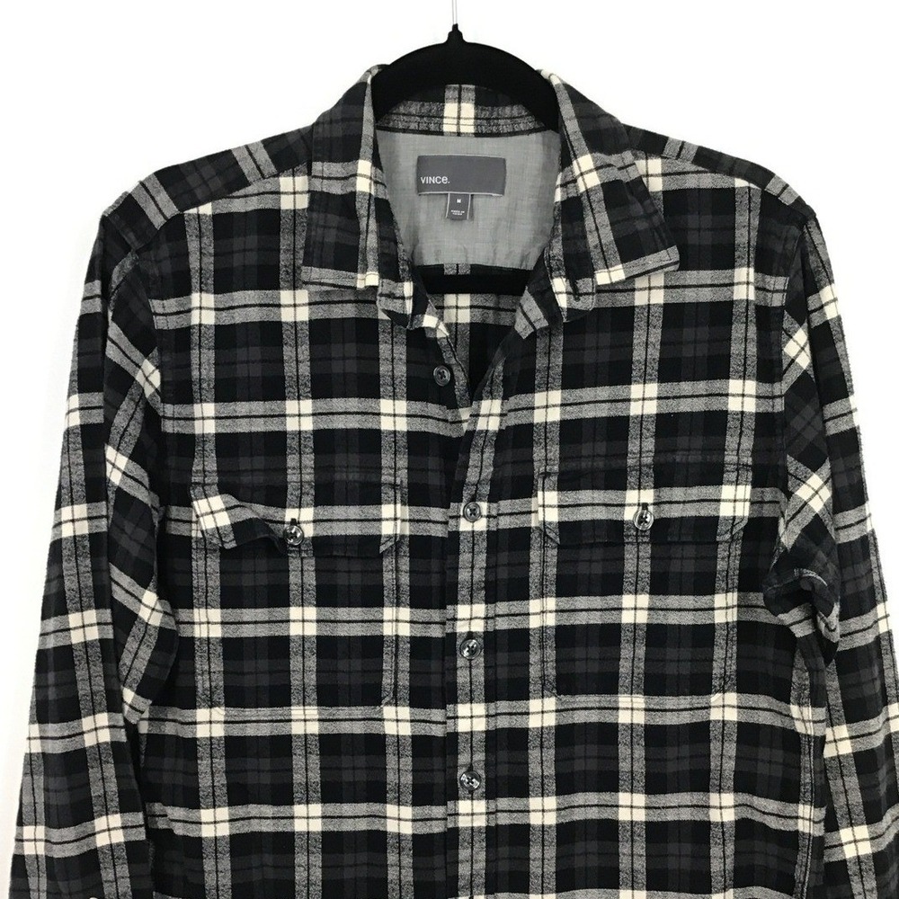Vince. Black Gray Cream Plaid Button Up Shirt 100% Cotton Long Sleeve Size M